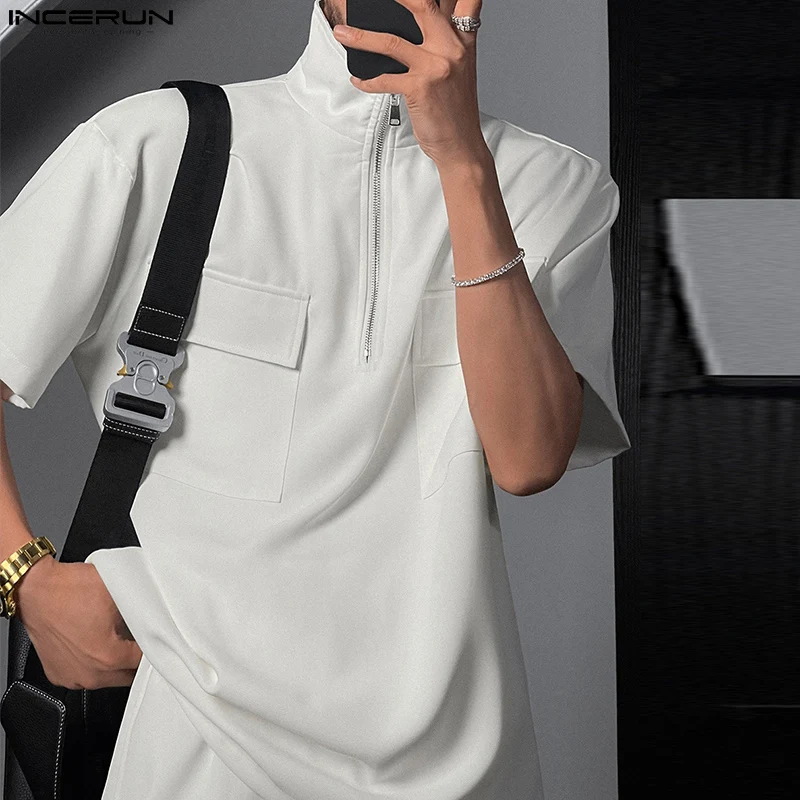 

INCERUN 2023 Korean Style Men's Sets Short Sleeve T-shirts Shorts Sets Casual Streetwear Half Zipper Design Two Piece Sets S-5XL