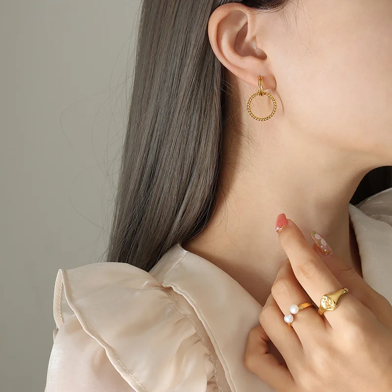 

C- Ring Earrings Twist Titanium Steel Plated 18k Gold Stud