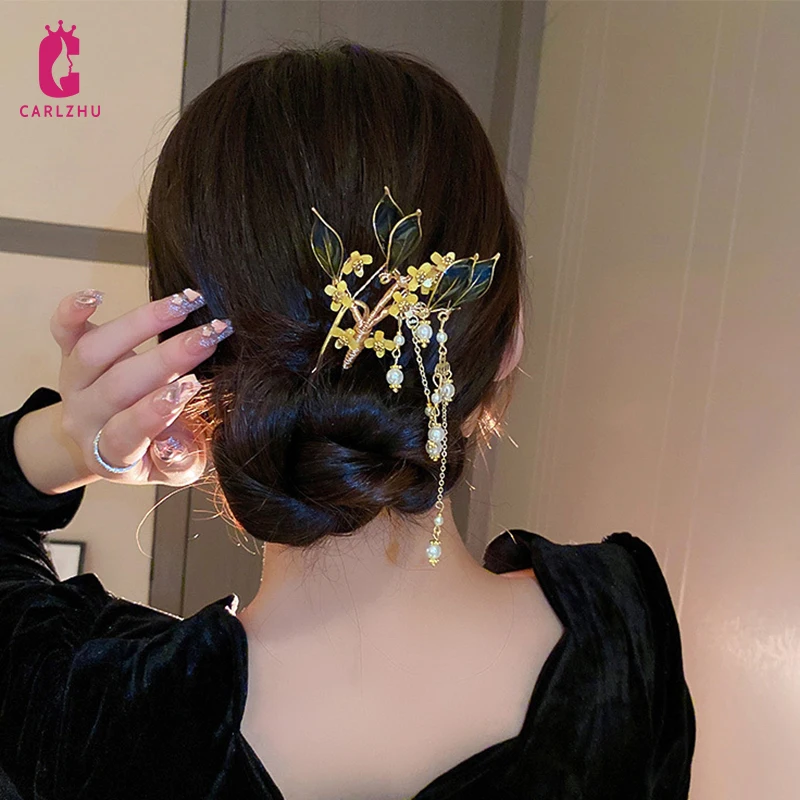 

Chinese Style Metal Flower Leaf Hair Sticks Hairpin Pearl Tassels Hair Pins Hair Chopsticks Wedding Party Headwear Headpiece