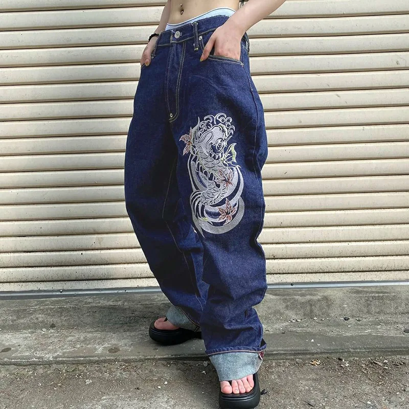 Street-style Jeans Women Irregular Printed Loose Pants Low Waist Pleats Washed Into Old Multicolor Straight Jeans
