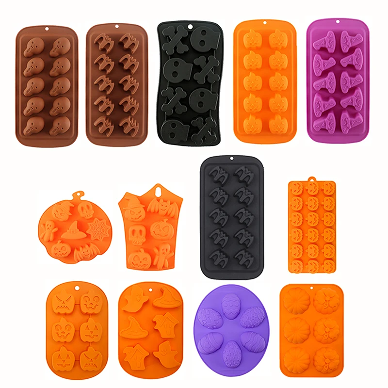 

Halloween Mold Ice Cube Chocolate Food Baking Tray Silicone Cookie Biscuit Cake Baking Mold Ghost Pumpkin Bat & Witch Hat Molds