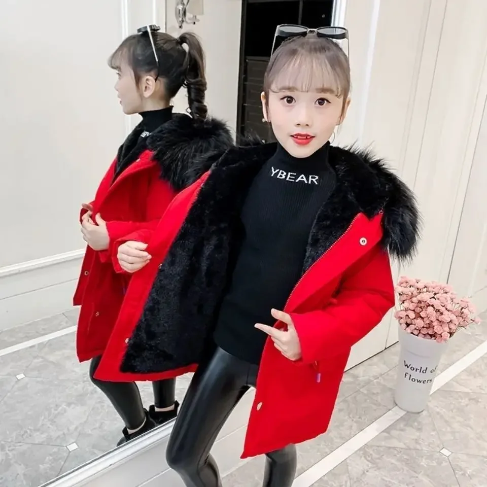 4-14 Years Teen Girls Coat Winter Plus Velvet Warm Windbreaker Jacket For Parka Snowsuit Fashion Hooded Children Outerwear