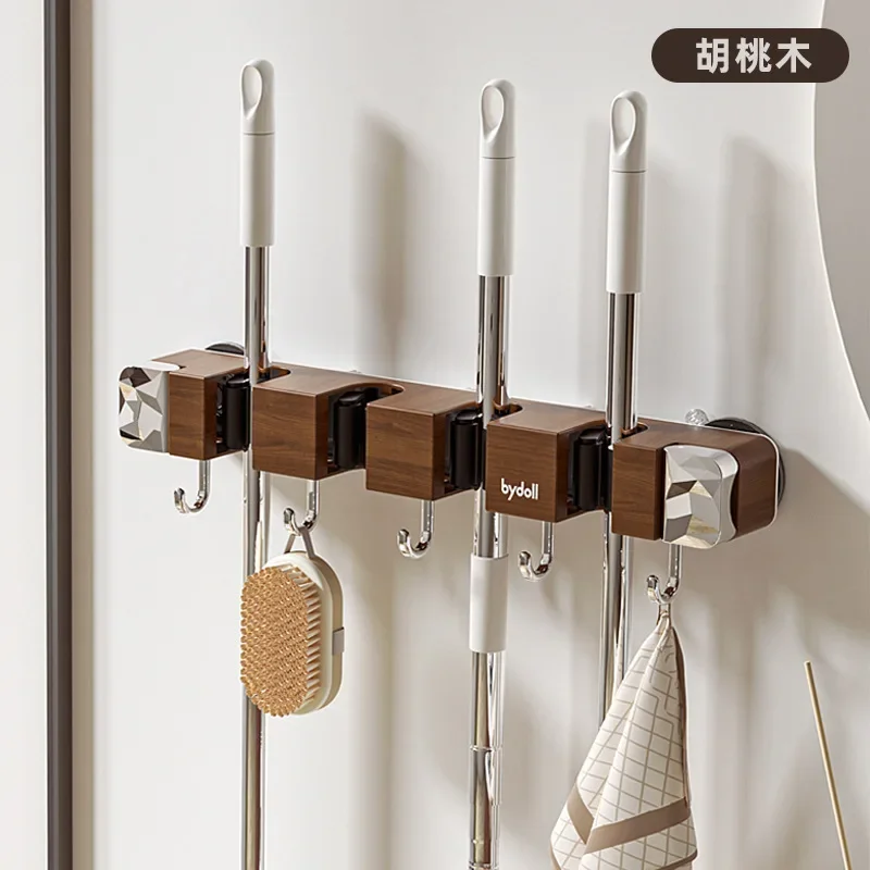 

Wood Grain Suction Cup Mop Clip Hook Hanging Rack, No Drilling Wall Mounted Mop Storage Rack, Bathroom Plastic Storage Rack