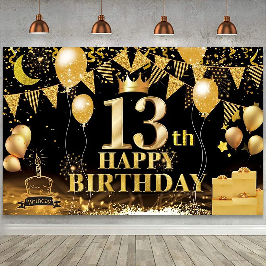 

Фон для фотосъемки с изображением вечеринки в честь 13-го дня рождения, плакат с изображением черного золотого шара для мальчиков и девочек 13 лет, фон для фотосъемки на годовщину