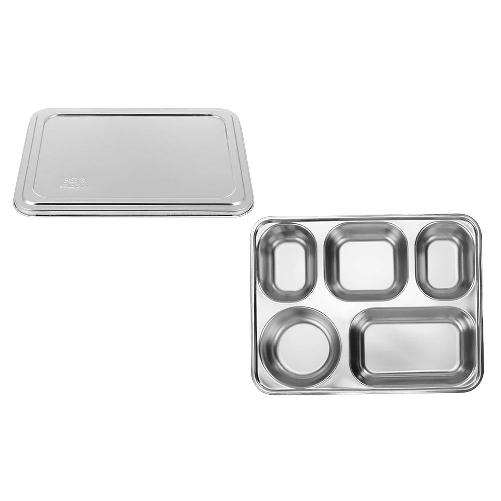 

Portion Trays Stainless Steel Divided Plate with Lid 5 Compartment Tray Metal Dumpling Plate Dish Dinner Desert Candy Plate for