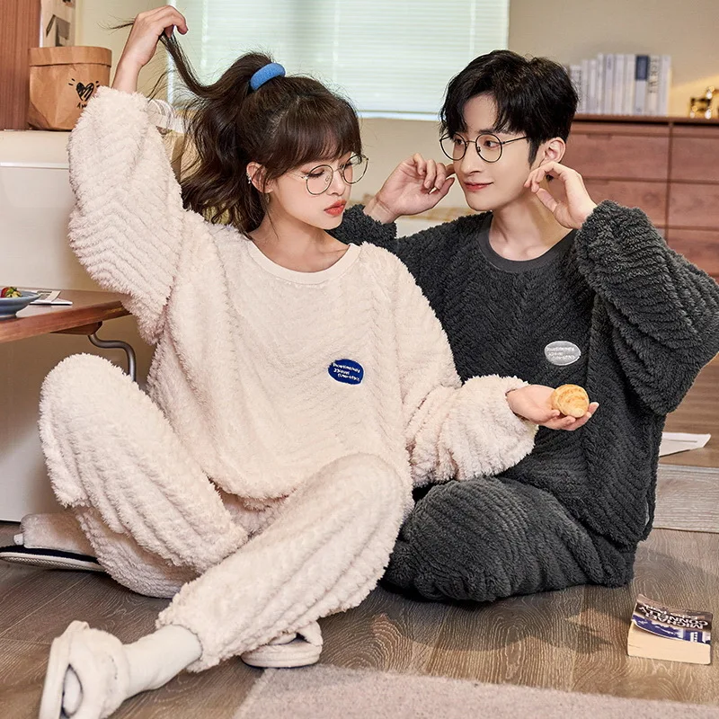 Korean Fashion Men's Flannel Sleepwear Winter Warm Women's Nightwear Coral Fleece Pjs Home Clothes Male Female Pajamas Drop ship