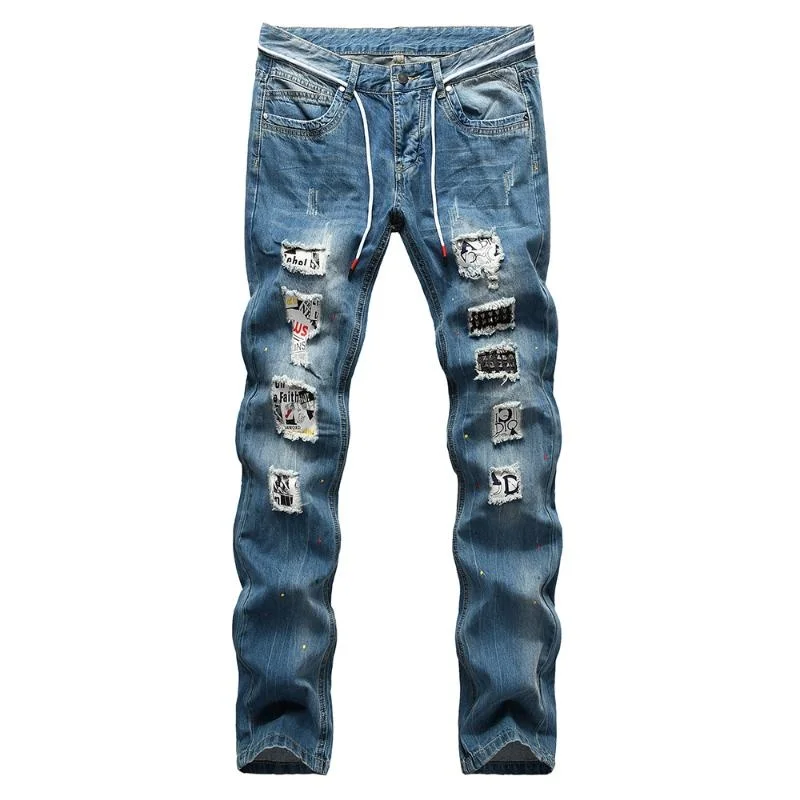

Men's Jeans Rivet Patchwork Button Ripped Denim Trendy Patch Design Slim Straight Pants Trousers