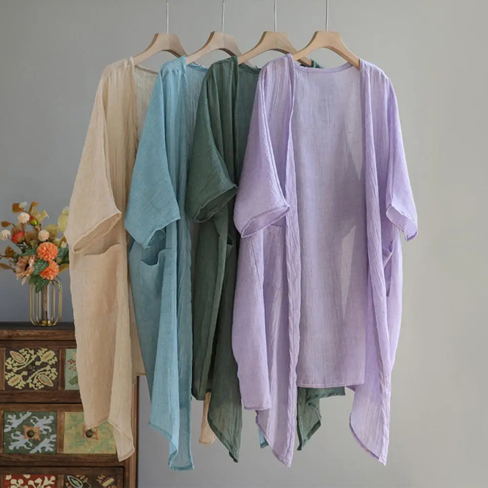 

Summer Women Shawl Coat Pockets Design Half Sleeve Lady Cardigan Solid Color Irregular Hem Open Front Sunscreen Shawl Coat