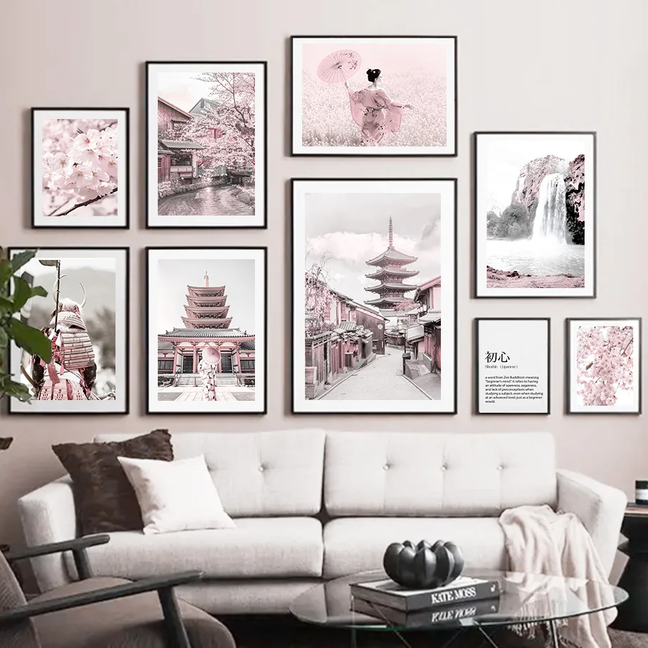 

Pink Landscape Falls Volcano Sakura Kimono Woman Wall Art Canvas Painting Nordic Posters And Prints Wall Picture For Living Room