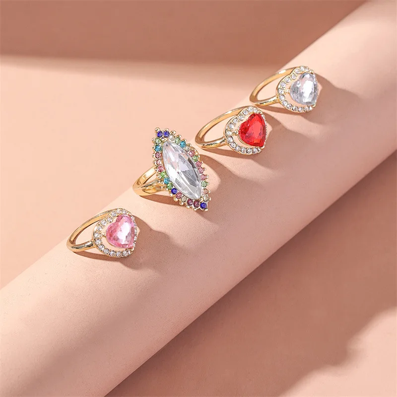 

4PCS/SET Lovely Mixed Heart Wedding Engagement Rings Colorful Crystals Jewelry for Women Bridal Crystals Fancy Ring