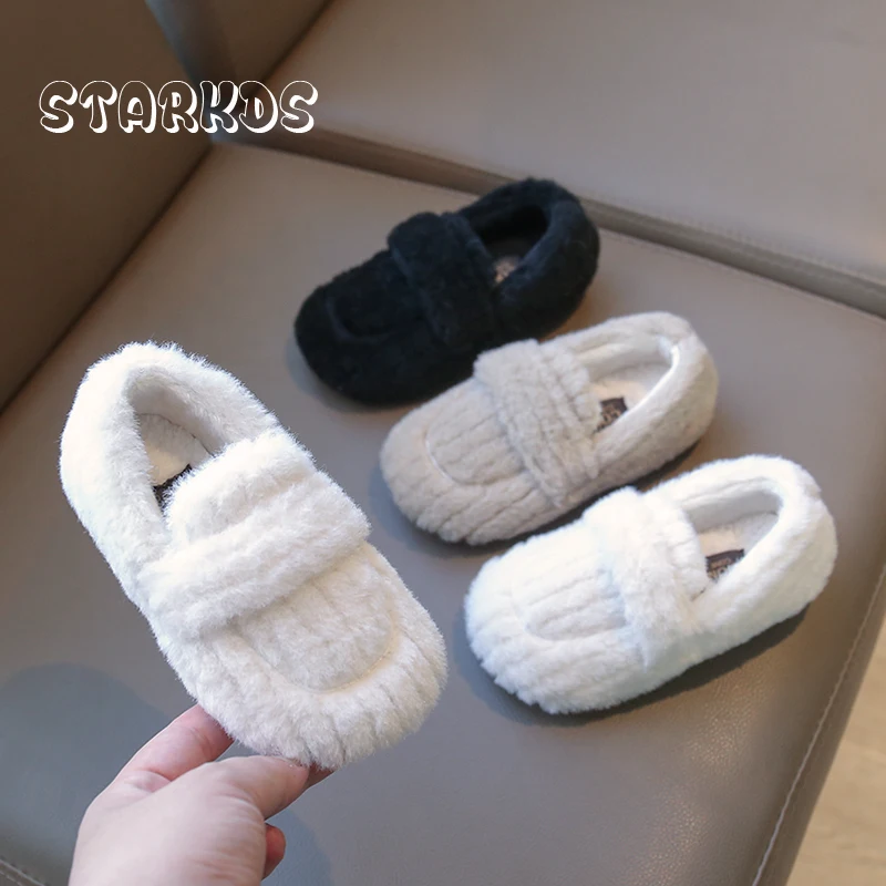 Kids Luxury Lambswool Loafers Boys Girls Warm Plush Moccasins Children Winter Slip-on Flat Furry Shoes