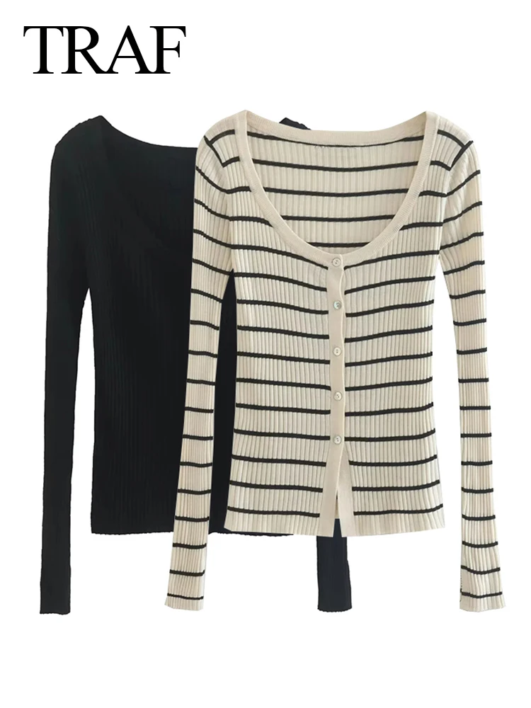 

Осенний Элегантный женский легкий мягкий свитер TRAF для девушек, Женский трикотажный однобортный Топ в полоску с круглым вырезом и длинным р...
