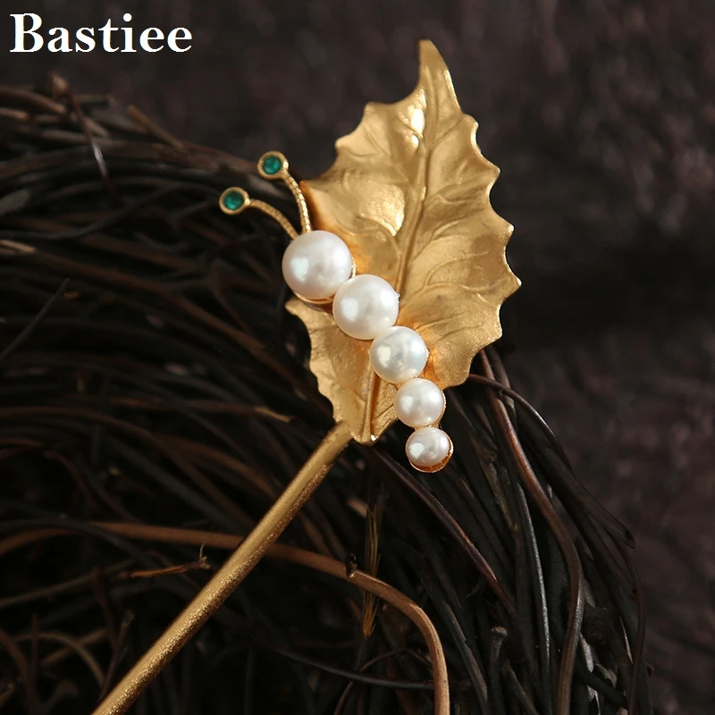 

Bastiee Vintage 925 Silver Hair Pin Leaves Insects Pearls Simple Hairpins High-end Antique Hanfu Headwear Hair Accessories