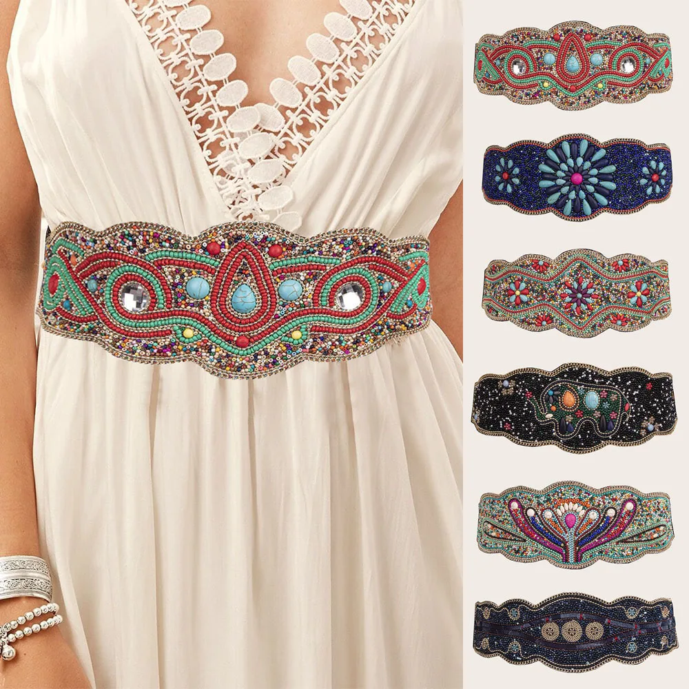 Bohemian Women Dress Coat Belt Colorful Beads Wide Waist Belt Slim Stretchy Waist Seal For Female Waist Decoration Fashion