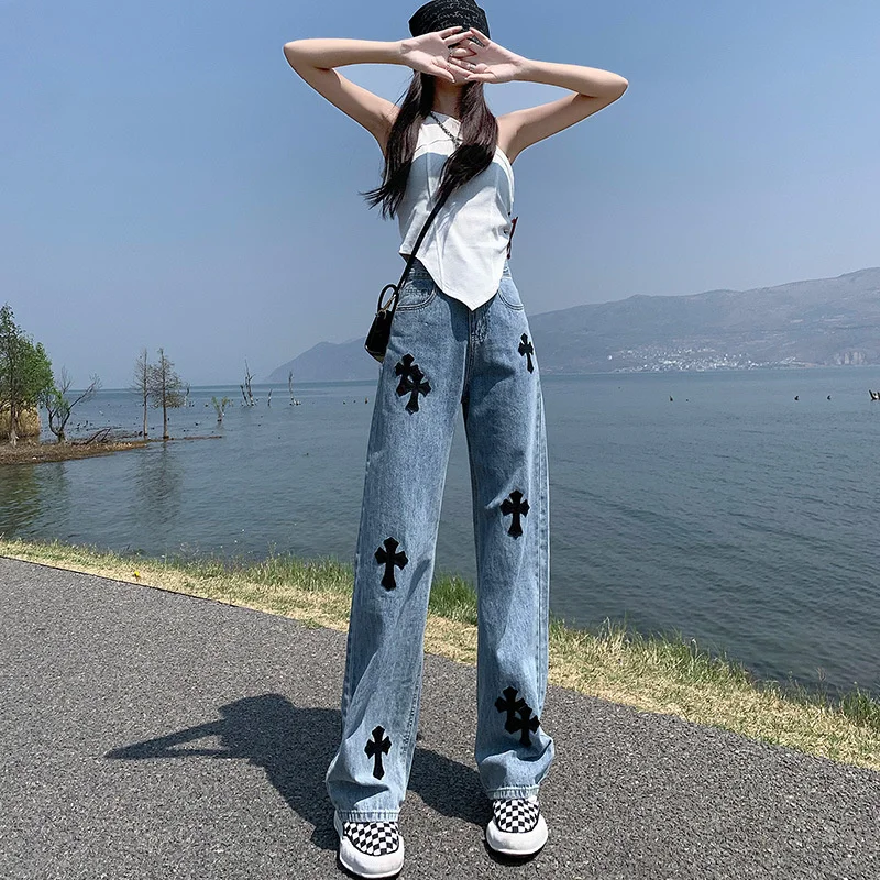

2022 new jeans vintage high street women jeans street cross embroidery high waist slim loose straight pants women's wear Korean