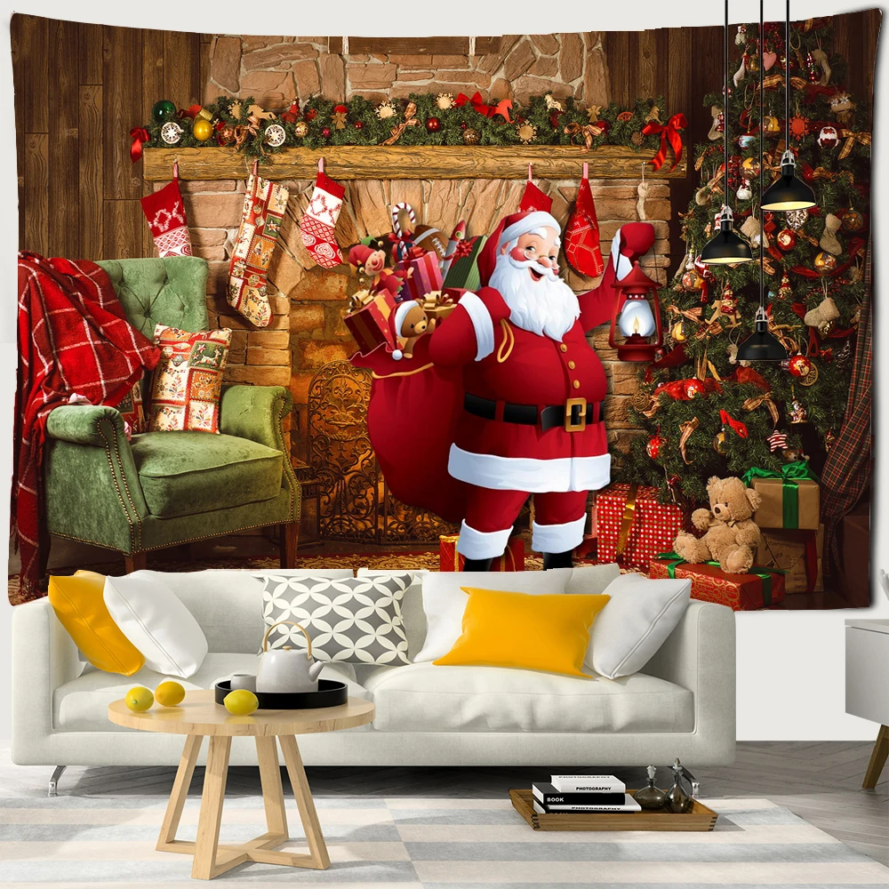 

Christmas Tapestry Christmas Tree Santa Claus Tapestry Wall Hanging Fireplace Home Decoration Christmas Wall Cloth for Home