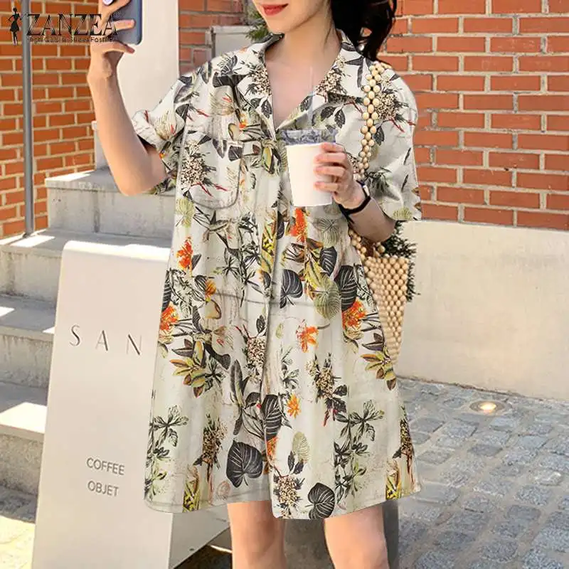 

Femme Elegant Loose Holiday Beach Baggy Romper ZANZEA Women Summer Half Sleeve Jumpsuit Cotton Lapel Printing Button Side Pocket