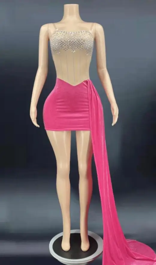 

Новый стиль Стразы Розовый вельветовый вечерний костюм для празднования дня рождения женское платье для танцовщицы шоу представлений