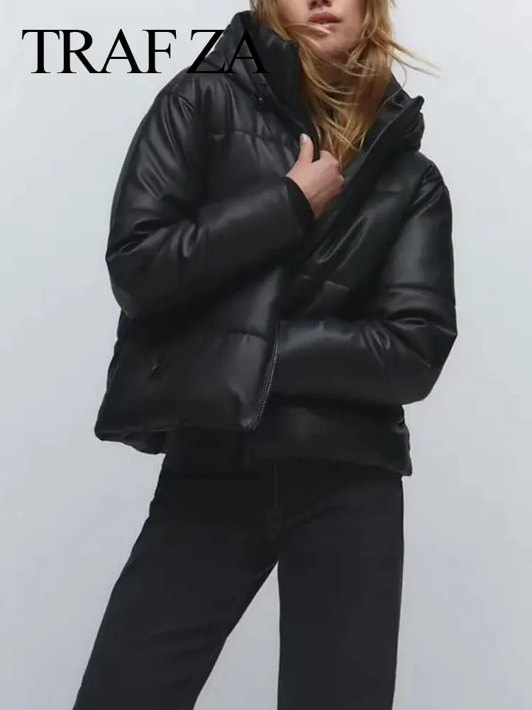 TRAF ZA Winter Women's Clothing Pu Faux Leather Hooded Cotton Coats Zipper Pocket Jacket Solid Vintage Warm Female Outerwear