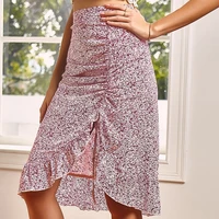 summer shirring split skirts women high waist ruffles floral skirt asymmetrical chic streetwear sweet clothing simple all match