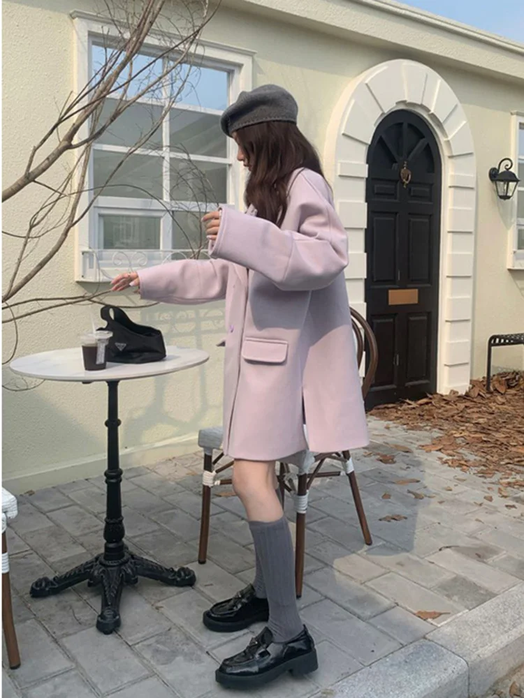 

Medium Long Woolen Blazers Coat Women's Autumn Winter 2022 New High-quality Suit Collar Loose Fashion Long-sleeved Woolen Coat
