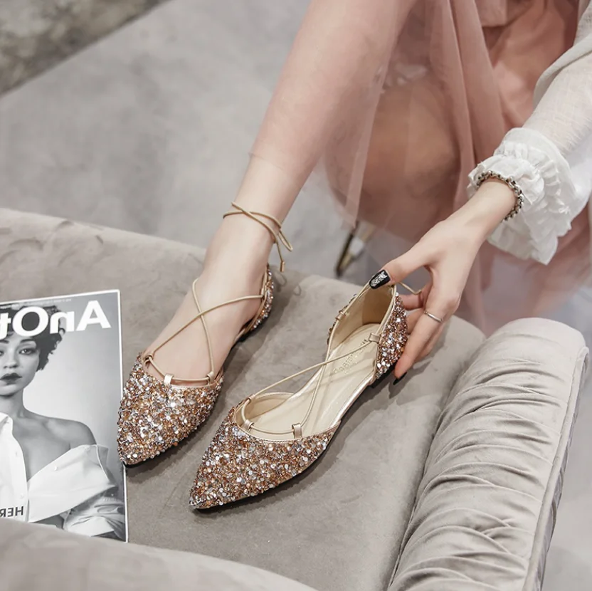 Koovan Women's Sandals Female 2022 Summer New Strap Fairy Shoes Retro Sequins Pointy Women's Shoe Leisure Sandals For Girls