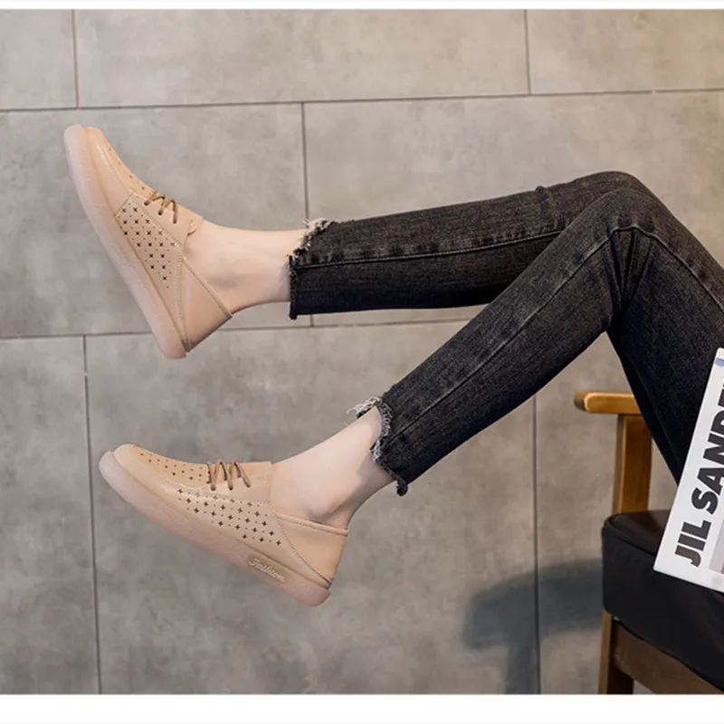 Flat Shoes Women's Genuine Leather Small White Shoes 2023 New Breathable Openwork Loafers Comfortable Nurse Shoes Single Shoes
