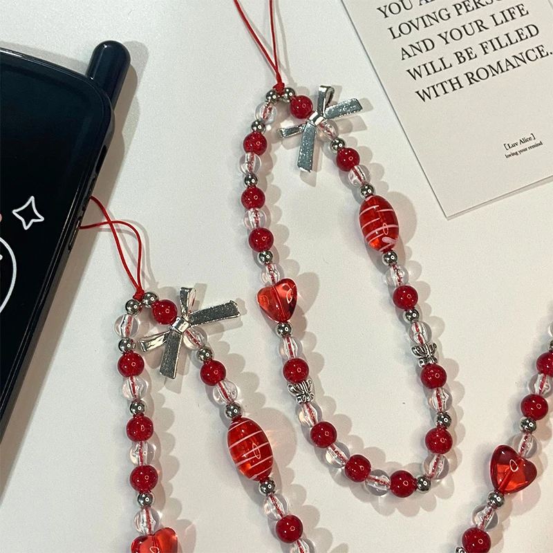Red Heart Silver Bow Key Chain Ladies Fashion Cute Romantic Vintage Cool Keychain Charm Korea 90s Aesthetic Bag Phone Chain New
