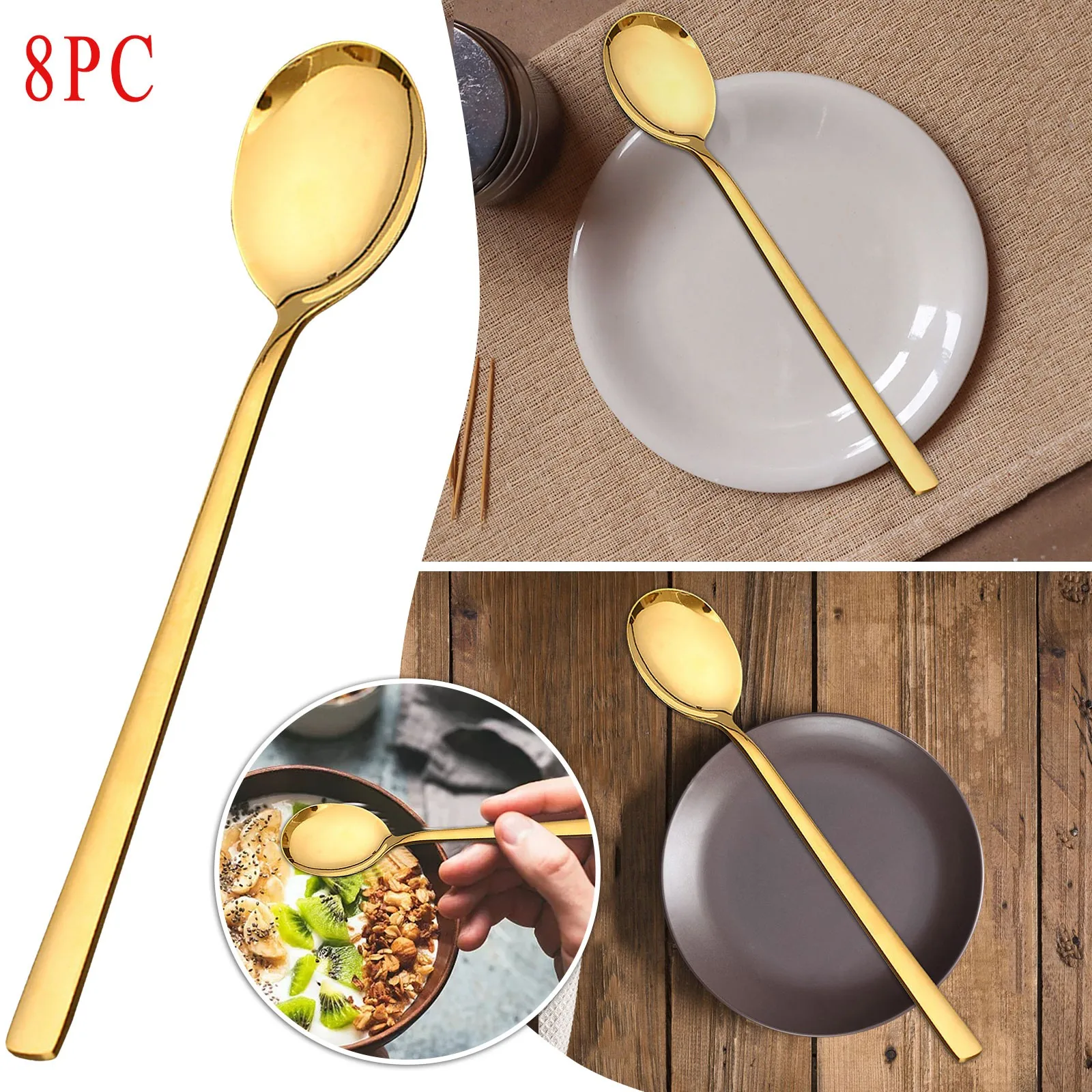 

8 шт. кофейная ложка с длинной ручкой из нержавеющей стали 304, десертная ложка для мороженого, чая, перемешивающая ложка для пикника, кухонные...