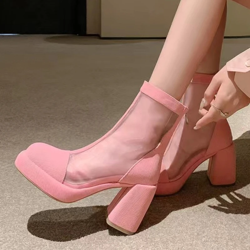 

Women's Summer Zipper Thick Heel Hollow Breathable Cool Boots Fashion Comfortable Versatile Sexy Party Dress Women's High Heels