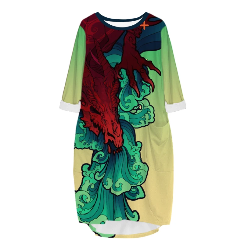 

vitinea New Fashion 3D Print Long Premium DRAGON Pocket Loose Casual Robe Summer Dress Traf For Women Z05