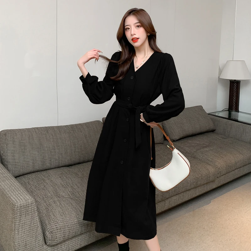 

Chiffon Loose Women Dresses New Fashion Long Sleeve Solid Color V-neck Autumn A-LINE Mid Houthion