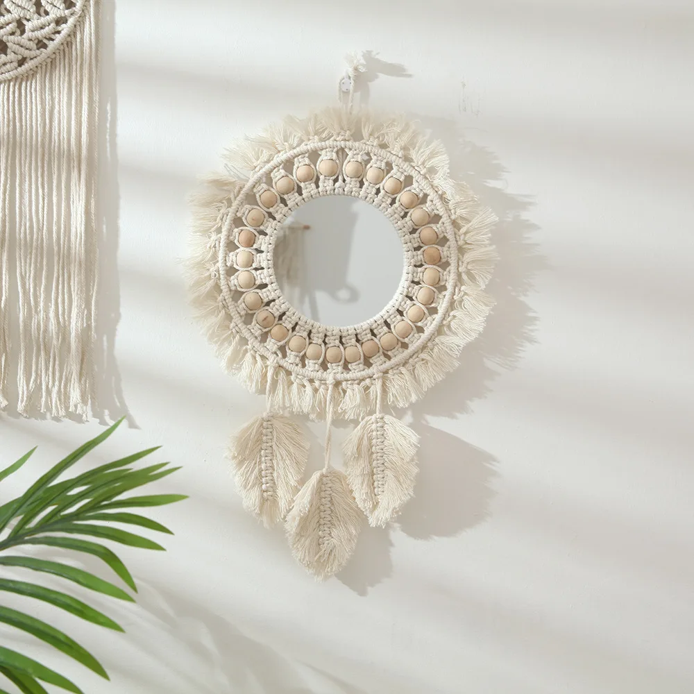 

Nordic Mirror Handmade Tapestry Cosmetic Mirror Bedside Bedroom Homestay Entrance Home Decorations Wall Hanging Wall Mirror