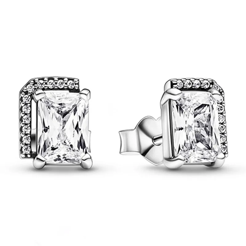 

Authentic 925 Sterling Silver Timeless Rectangular Sparkling Halo Stud Earring For Women Wedding Fashion Jewelry