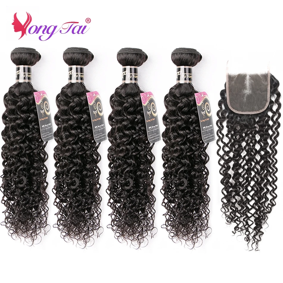 YuYongtai Jerry Curly Human Hair Bundles with 4x4 Lace Closure Brazilian Kinky Curly Human Hair Extension Non-remy Hair