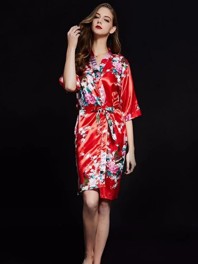 1 шт. элегантная Красная атласная ночная рубашка с цветочным принтом коротким