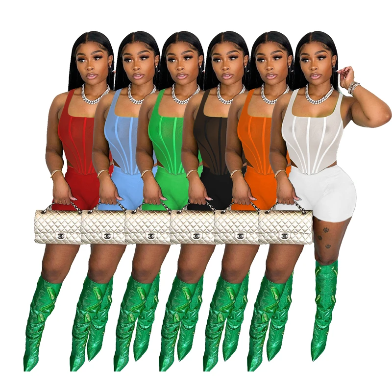 

Женский сексуальный комплект из 3 предметов, прозрачная сетчатая Асимметричная майка, укороченный топ, эластичные шорты, лето 2023, модные повседневные спортивные костюмы, Клубная одежда, костюм