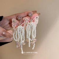 2022 sweet hyperbole style long pearl women earrings korean selling shiny crystal butterfly drop earrings jewelry new