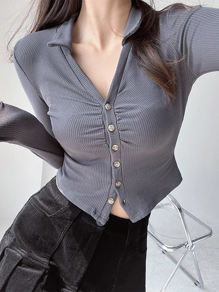 

Женская футболка с длинным рукавом, однотонная простая повседневная футболка со складками в европейском стиле, топ с отворотом BDF8