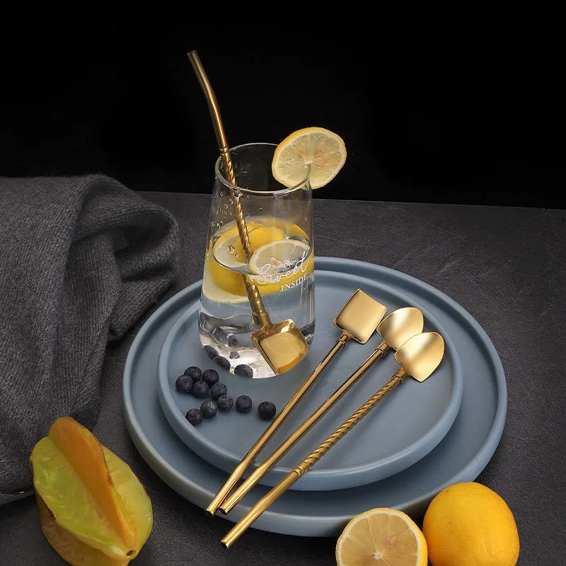

Shovel Shape Drinking Straw Spoon 2 In1， 304 Stainless Steel Coffee Milk Tea Stirring Spoon Creative Juice Drink Straws