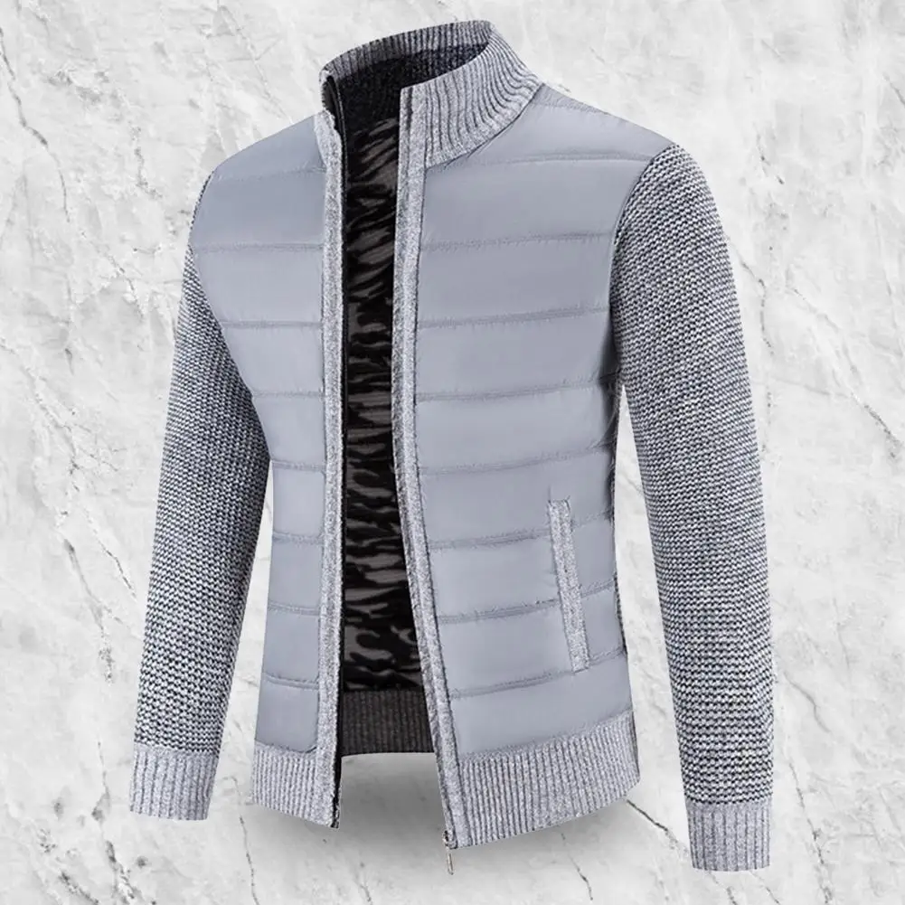 Autumn Winter Sweater Coat Thicken Patchwork Stand Collar Coldproof Plush Lining Jacket for Daily Wear