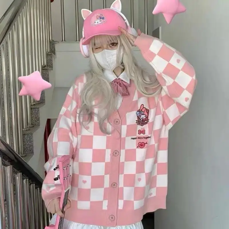 

Cute Cartoon Sanrio Kuromi My Melody Women Jacket Kawaii Anime Cinnamoroll Knit Plaid Long Sleeve Tops Loose Casual Sweater