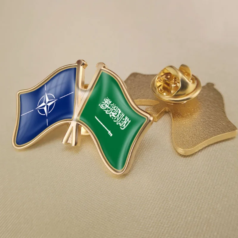 

North Atlantic Treaty Organization NATO and Saudi Arabia Crossed Double Friendship Flags Lapel Pins Brooch Badges