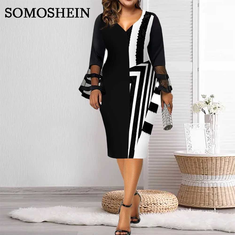 

Plus Size Women Spring Clothing Elegant Flared Sleeve Striped Print V-Neck Dress Club Evening Party Dress Wholesale Dropshipping