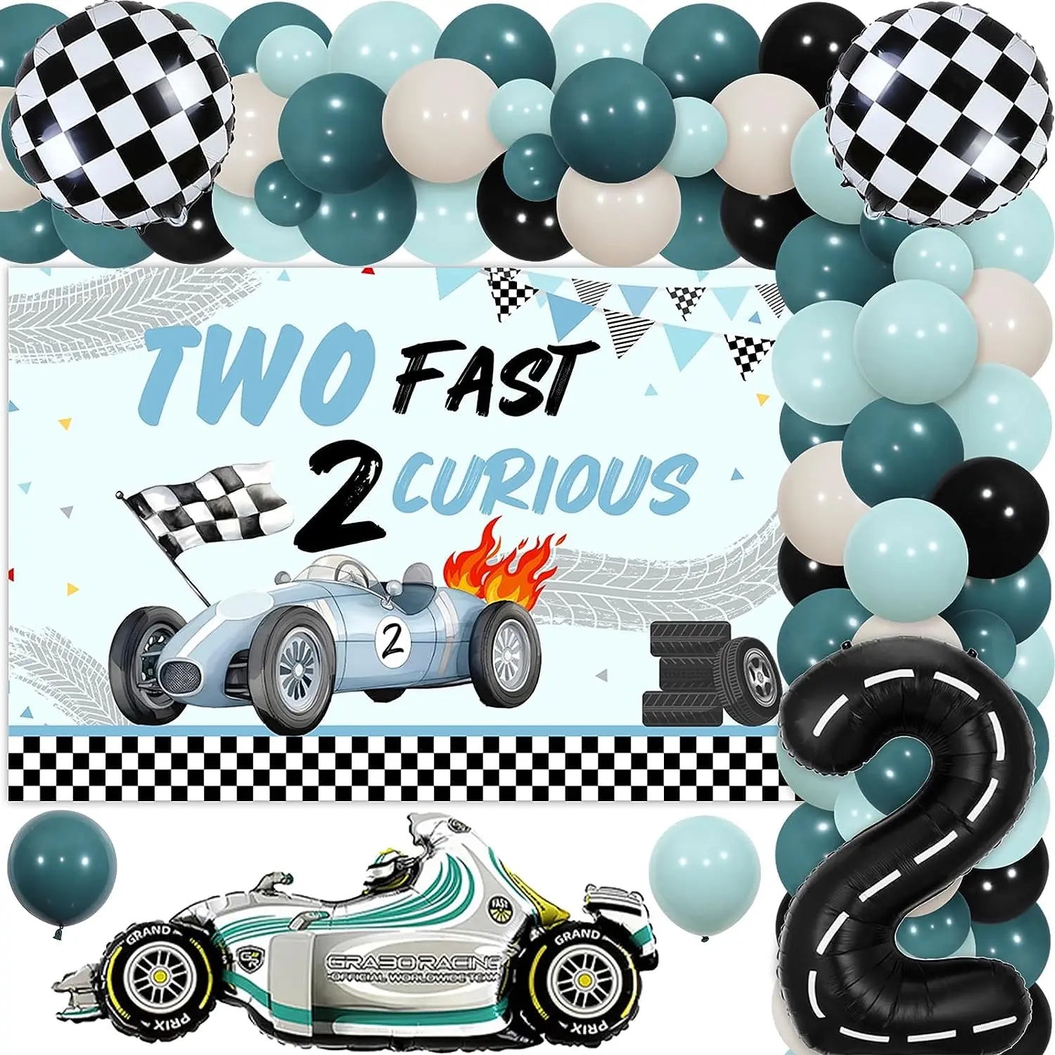 2nd Birthday Decorations Blue Black Balloons With Backdrop Number 2 Retro Car Foil Balloons