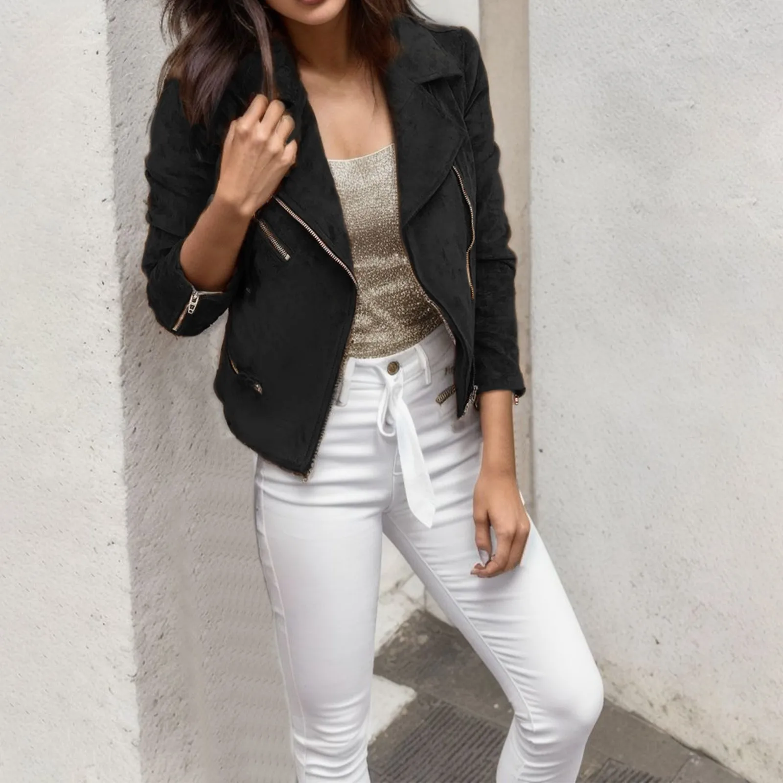 

Women's Autumn Winter Wool Blend Lapel Cardigan With Zipper Coat Jackets For Women Solid Color Slim Fit Short Zipper Top Coat