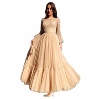 sexy evening dress shiny long sleeve champagne a line elegant tulle prom formal party robe abito cocktail vestidos de gala