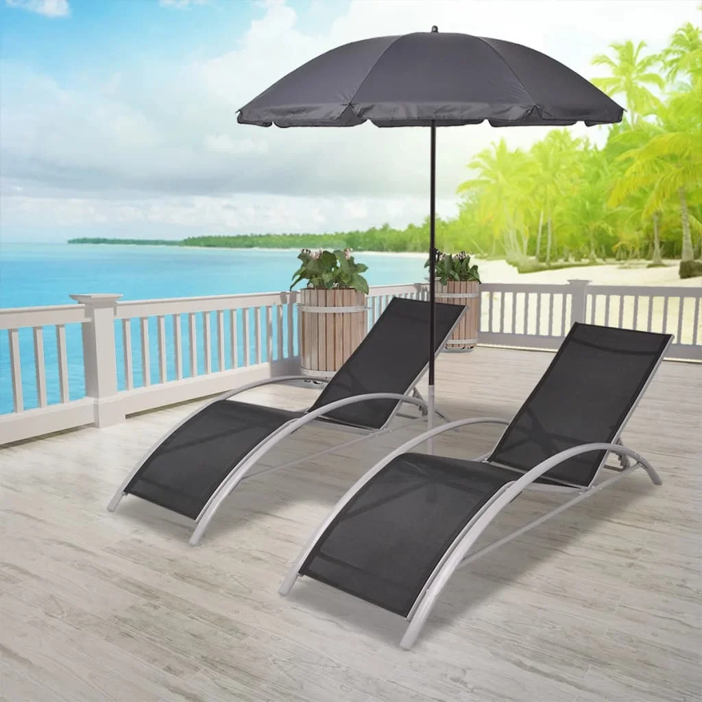 

Sun Lounger of 2 with Umbrella, Aluminium Garden Recliner Chair, Patio Furniture Black 156 x 60 x 89 cm