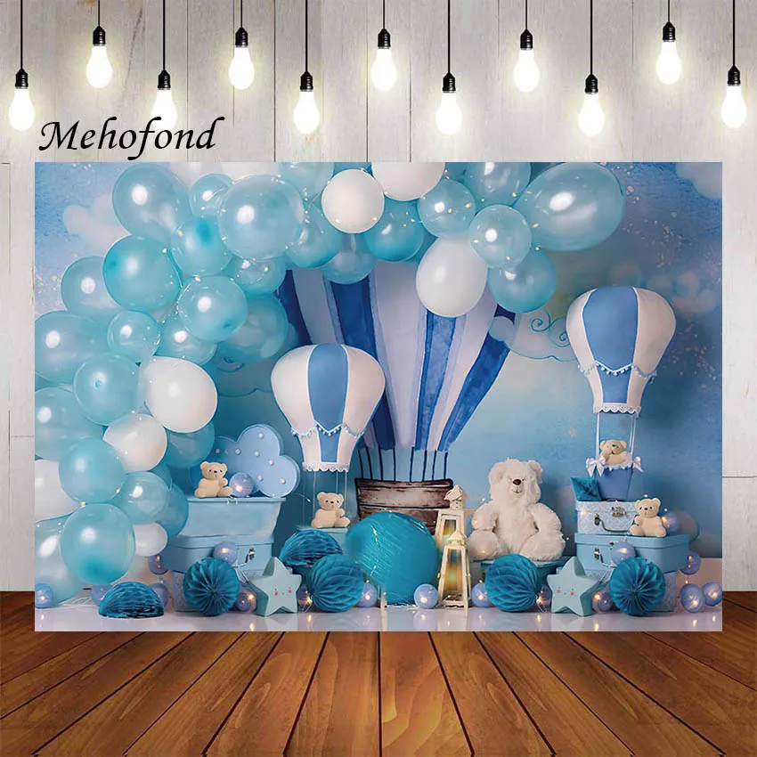 

Mehofond Photography Background Blue Hot Air Balloon Little Bear Boys 1st Birthday Party Cake Smash Decor Backdrop Photo Studio