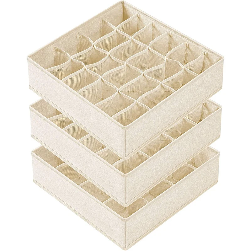 

3 Pack Sock Underwear Organizer Dividers, 64 Cell Fabric Foldable Cabinet Closet Organizers and Storage Boxes Beige